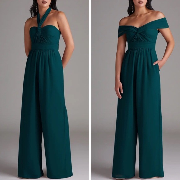 Azazie Pants - Azazie Lamara Pine Green Chiffon Convertible Wide Leg Jumpsuit Size A16